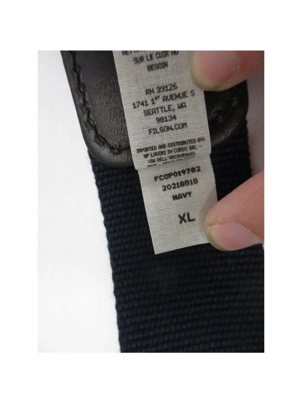 Filson Belt XL Navy Webbing Canvas Leather Trim Buckle Made in USA NEW
